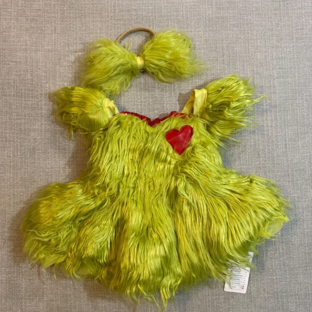 Baby Girls Grinch Christmas Costume Dress 12M Green Faux Fur Heart Headband
